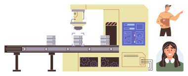 Industrial assembly line with robotic arm handling boxes on a conveyor, overseen by two managers. Ideal for automation, manufacturing, technology, teamwork, efficiency, industrial progress, simple