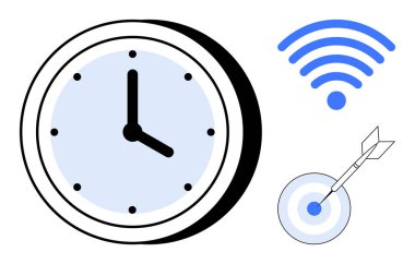 Clock showing time, strong wireless signal, and dart hitting a target. Ideal for productivity, efficiency, connectivity, time management, success goal setting digital focus. Simple flat metaphor