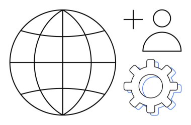Globe illustrating global reach, user icon for people or profiles, and gear representing settings or optimization. Ideal for teamwork, technology, globalization, user management, networking, system