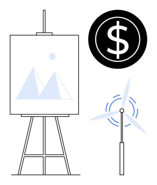 Easel with mountain painting, wind turbine, and dollar sign circle. Ideal for creativity, sustainability, finance, innovation, balance growth and eco-friendly business. Simple flat metaphor