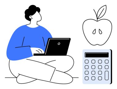 Person sitting cross-legged working on laptop, apple symbolizing health, and calculator for analysis. Ideal for education, productivity, work-life balance, wellness, budgeting, online learning