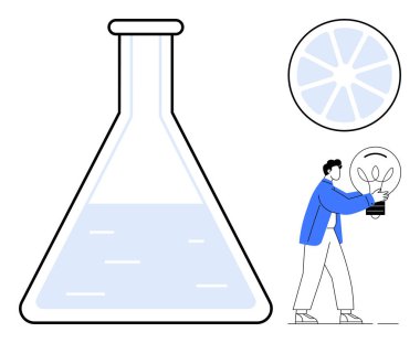 Laboratory flask with liquid, citrus slice, and person holding giant lightbulb. Ideal for innovation, creativity, science, experimentation, inspiration problem-solving education. Simple flat