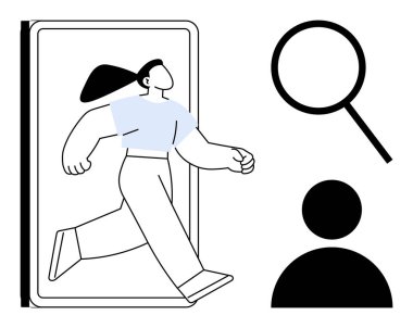 Modern person exiting smartphone screen alongside magnifying glass and user icon. Ideal for innovation, technology, discovery, digital exploration, user experience, research, simple flat metaphor