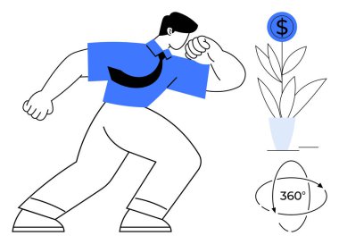 Dynamic person in formal attire projecting confidence, flourishing plant symbolizing growth, money icon for financial success, and 360-degree arrows for a complete perspective. Ideal for business