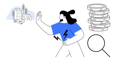 Person pushing away food items including fish, milk, and cheese, alongside stacked coins and a magnifying glass. Ideal for themes thumbs up budgeting, nutrition, savings, decision-making, health