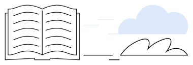 Open book with floating lines representing pages, soft cloud design, simple outlines. Ideal for education, learning, creativity, storytelling, publishing mindfulness imagination. A simple flat