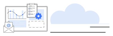 Graph on monitor alongside email, checklist, and gear near cloud symbol. Ideal for data storage, cloud computing, analytics, email solutions, task management, teamwork simple flat metaphor
