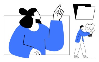 Woman gesturing upwards, man holding lightbulb, folder beside them. Ideal for creativity, innovation, teamwork, problem-solving, business strategy, project management simple flat metaphor