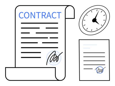 Contract with signature, timed clock, and additional page symbolize agreement, deadlines, obligations, and professionalism. Ideal for business, negotiation, legal time management authority trust