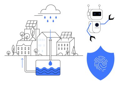 Smart city scenario with rainwater harvesting system, solar panels, AI robot, and fingerprint shield. Ideal for technology, sustainability, AI, security, innovation environment smart systems