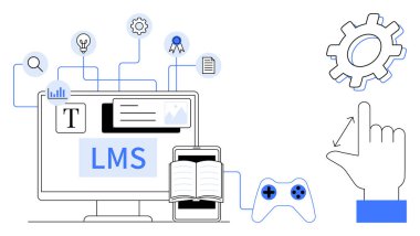 Computer screen with LMS platform, book, tablet, gear, hand, game controller, icons for connectivity. Ideal for e-learning education training gamification software innovation technology. Simple
