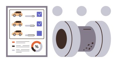 Vehicle checklist with marked analysis, charts for insights, and worn brake component illustration. Ideal for automotive maintenance, vehicle safety, mechanical diagnostics, fleet management, repair
