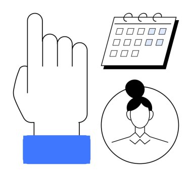 Hand pointing up, profile headshot inside a circle, calendar with dates. Ideal for scheduling, time management, user interaction, team planning, decision-making, organization simple flat metaphor