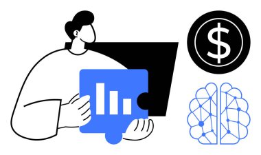 Person holding graph puzzle piece, desktop, dollar icon, and neural network. Ideal for data analysis, finance, AI, business strategy problem-solving innovation and decision-making. Clean flat