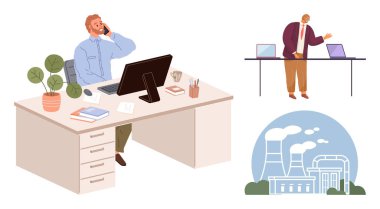 Professional at desk with phone and computer, coworker giving presentation, power plant with chimneys emitting smoke. Ideal for business, teamwork, communication, industry, management, workplace