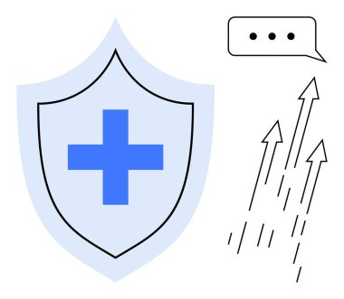 Shield with blue cross symbolizing protection, arrows representing growth and progress, speech bubble indicating communication. Ideal for healthcare, security, progress, innovation, teamwork