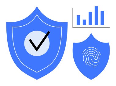 Shields with checkmark and fingerprint symbolizing protection and security. Graph represents data analysis. Ideal for security, authentication, technology, privacy, data protection, digital safety