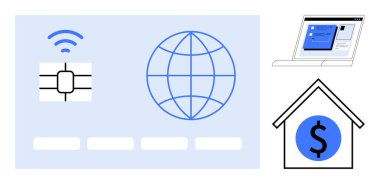 Payment card with chip, globe icon for global access, laptop screen with interface, house with dollar sign. Ideal for finance, banking, digital economy, online payments, global transactions