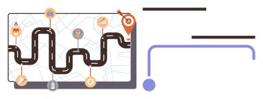 Curved path with milestones, starting rocket, goal pin, map background. Ideal for strategy, planning, growth, timeline, business goal success journey simple flat metaphor