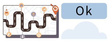 Curved roadmap with icons marking milestones thumbs up rocket, briefcase, target. Map layout suggests planning, progress, goal setting. Ideal for projects, journeys, vision success management
