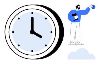 Large clock symbolizes time management figure holds tablet and money icon, highlighting work and budget balance. Ideal for productivity, efficiency, financial planning, business, time-saving