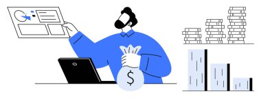 Man analyzing data on a screen beside a laptop, holding a money bag. Stacks of coins and bar graphs highlight concepts of savings, investments, financial strategy. Ideal for business, finance