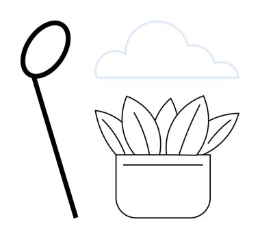 Potted plant with broad leaves, a magnifying glass symbolizing focus, and a cloud above representing creativity. Ideal for nature, growth, sustainability, focus, research ideas inspiration. Simple