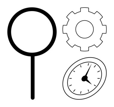 Magnifying glass for research, gear for process, clock for time tracking. Ideal for workflow, efficiency, problem-solving, planning, productivity, organization simple flat metaphor