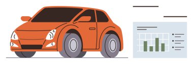 Orange compact car alongside performance data chart featuring bar graphs and text. Ideal for automotive analysis, business, finance, innovation, research, transportation, simple flat metaphor