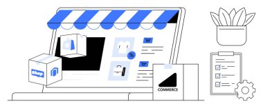 Laptop screen with storefront awning, shopping boxes, discount tag, clipboard, gear, and plant. Ideal for retail, e-commerce, business solutions digital sales online marketing web design