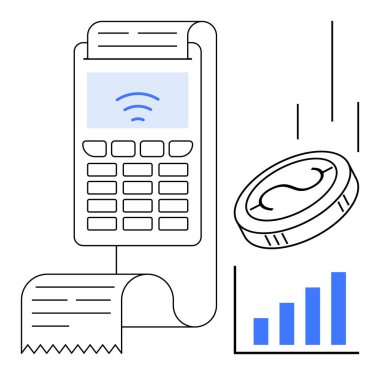 Payment machine with receipt and contactless feature, falling coin, and rising bar graph. Ideal for finance, technology, retail, digital banking, e-commerce stats business growth. A simple flat