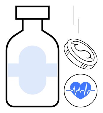 Medicine bottle with cap, blue heartbeat icon symbolizing health, prescription, wellness. Ideal for healthcare, medical research, pharmacy, treatment, preventive care cardiology simple flat
