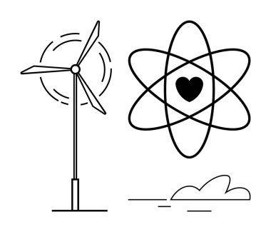 Wind turbine generating energy beside an atom-shaped heart symbolizing love for renewable power. Ideal for sustainability, green energy, science, innovation, environment, clean technology, and future