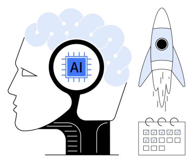 Human head with AI chip and neural connections, rocket symbolizing innovation, calendar for planning. Ideal for technology, AI, creativity, innovation, planning, futuristic concepts simple flat