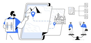 Backpacker pointing at digital map with location markers connected by routes. Nearby scenes include decision-making, weighing options, process planning. Ideal for travel, navigation, exploration