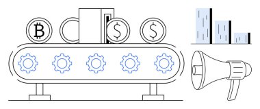 Conveyor belt moving dollar, bitcoin coins, gears, bar graph, and megaphone for financial processes. Ideal for technology, fintech, automation, blockchain innovation marketing economy themes