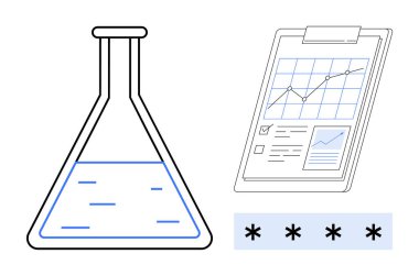 Laboratory flask with liquid, clipboard showing data trends and graphs, and password protection symbol. Ideal for science, research, analytics, education, security, innovation simple flat metaphor