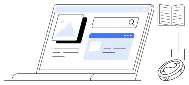Laptop screen with website interface showing search bar, image upload feature, and page layout. Includes hovering book and coin concepts. Ideal for education, e-commerce, productivity, virtual