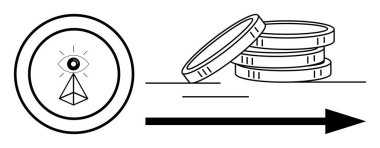 Circular eye with pyramid radiating light, next to stacked coins and arrow. Ideal for vision, innovation, financial growth, business strategy, investment, future planning, simple flat metaphor