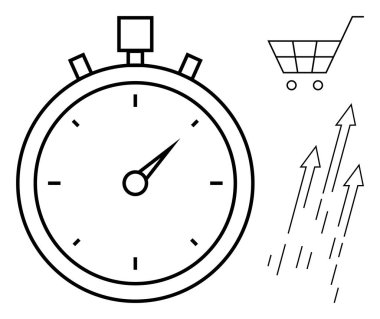 Stopwatch to signify speed, shopping cart for e-commerce, and upward arrows for growth. Ideal for business, productivity, online shopping, time management, growth sales efficiency. Simple flat