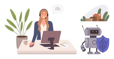 Woman at computer with headset in office, AI robot holding data shield, cardboard boxes nearby, potted plant. Ideal for technology, logistics, e-commerce, teamwork, security communication AI