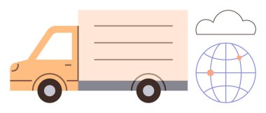 Orange delivery truck beside a globe with points and a cloud, representing global logistics, connectivity, e-commerce, shipping, supply chain, technology, and delivery services. A simple flat