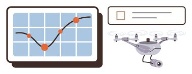 Analytics graph with rising trend on screen next to quadcopter with camera hovering in air. Ideal for technology, data analysis, innovation, surveillance, artificial intelligence, security, futuristic