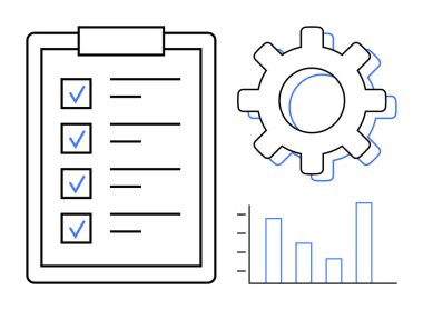 Checklist with marked checkboxes, gear for settings, and bar graph for progress tracking. Ideal for productivity, workflow, planning, analytics, business efficiency data visualization. Simple flat
