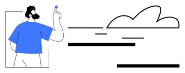 Man in blue shirt standing with outstretched hand holding a small object near a cloud. Ideal for technology, innovation, connectivity, imagination, minimalism, creativity, digital transformation