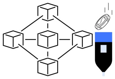 Connected digital blocks symbolize blockchain technology. A coin and data funnel highlight cryptocurrency, financial transactions, decentralized ledger. Ideal for tech, finance, data storage
