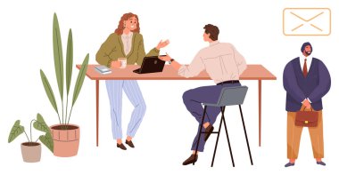 Two colleagues strategizing with a laptop at a desk, office plants in the foreground, and a professional waiting nearby. Ideal for teamwork, discussion, collaboration, productivity, modern workspace