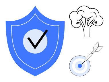 Blue shield with a checkmark signifies protection target with an arrow symbolizes success tree reflects sustainability. Ideal for security, trust, goals, achievement, nature, environment