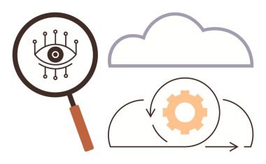 Magnifying glass with a digital eye, cloud with a gear and arrows. Ideal for data security, cloud computing, AI, digital transformation, automation, innovation surveillance. Simple flat metaphor