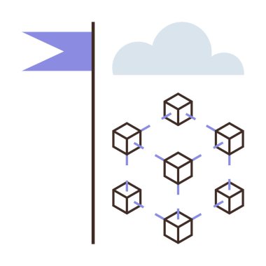 Geometric nodes interlinked in a blockchain network under a cloud with a flagpole marker. Ideal for blockchain, technology, innovation, data, cloud computing, connectivity, digital transformation
